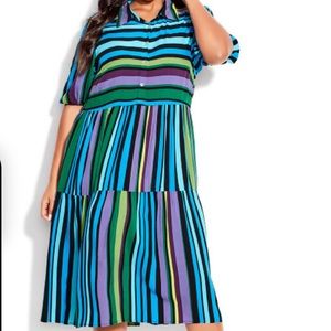 NEW LORALETTE Majesty Midi Dress - aqua stripe Size: 14-16